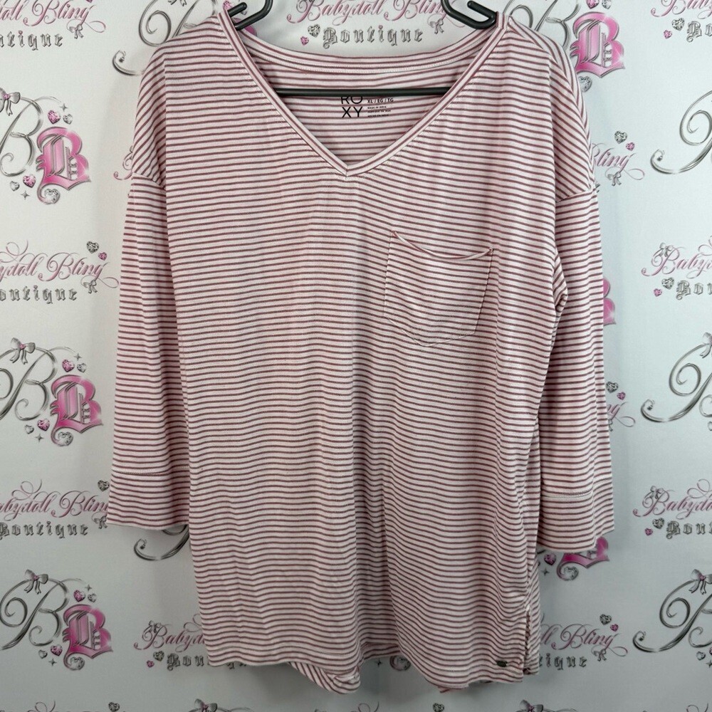 Roxy shirt top stripes pocket red Pink and White Striped Long Sleeve Top